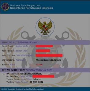 Hasil scan barcode sertifikat pelaut