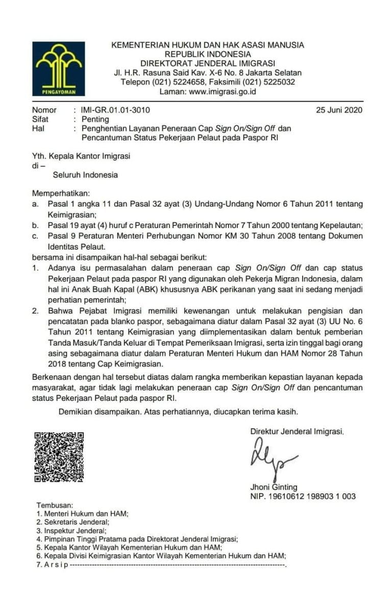 Surat Edaran Penghentian cap sign on off & status pelaut