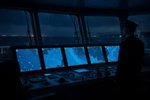 Anjungan kapal modern dengan layar ECDIS menampilkan peta navigasi elektronik — ilustrasi pelajaran ECDIS