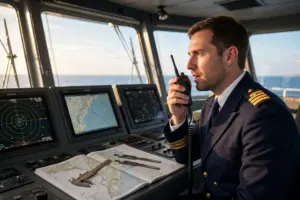 Perwira kapal berkomunikasi lewat radio VHF di anjungan — ilustrasi kuis Bahasa Inggris maritim SMCP