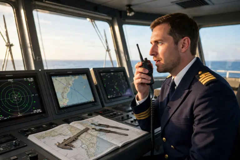 Perwira kapal berkomunikasi lewat radio VHF di anjungan — ilustrasi kuis Bahasa Inggris maritim SMCP