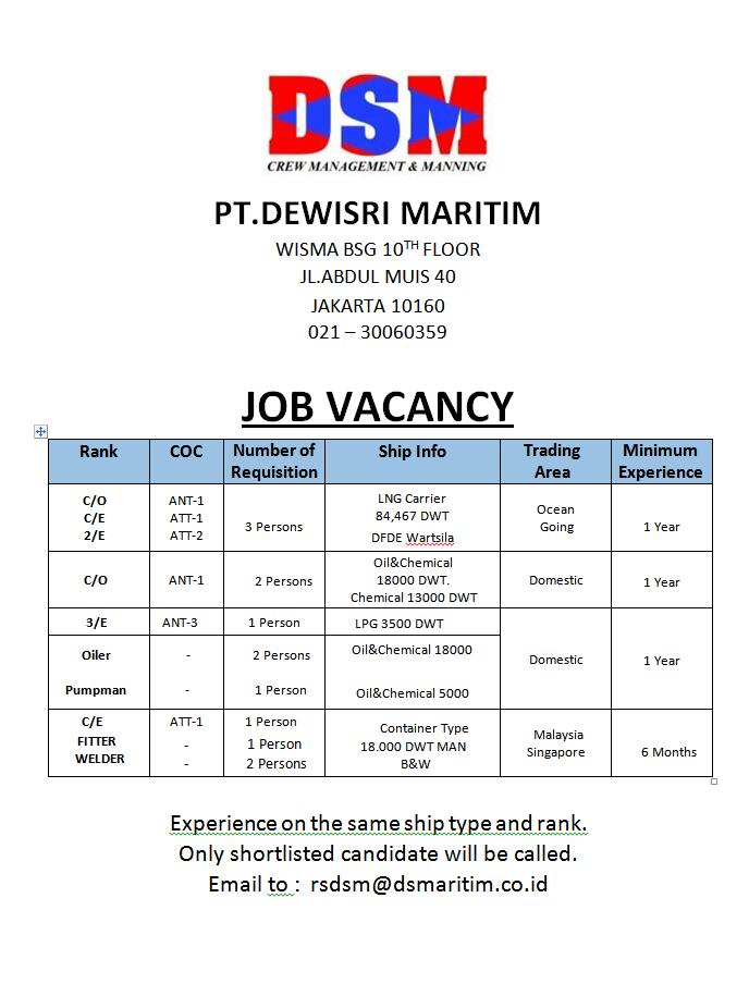PT DEWISRI MARITIM JOB VACANCY